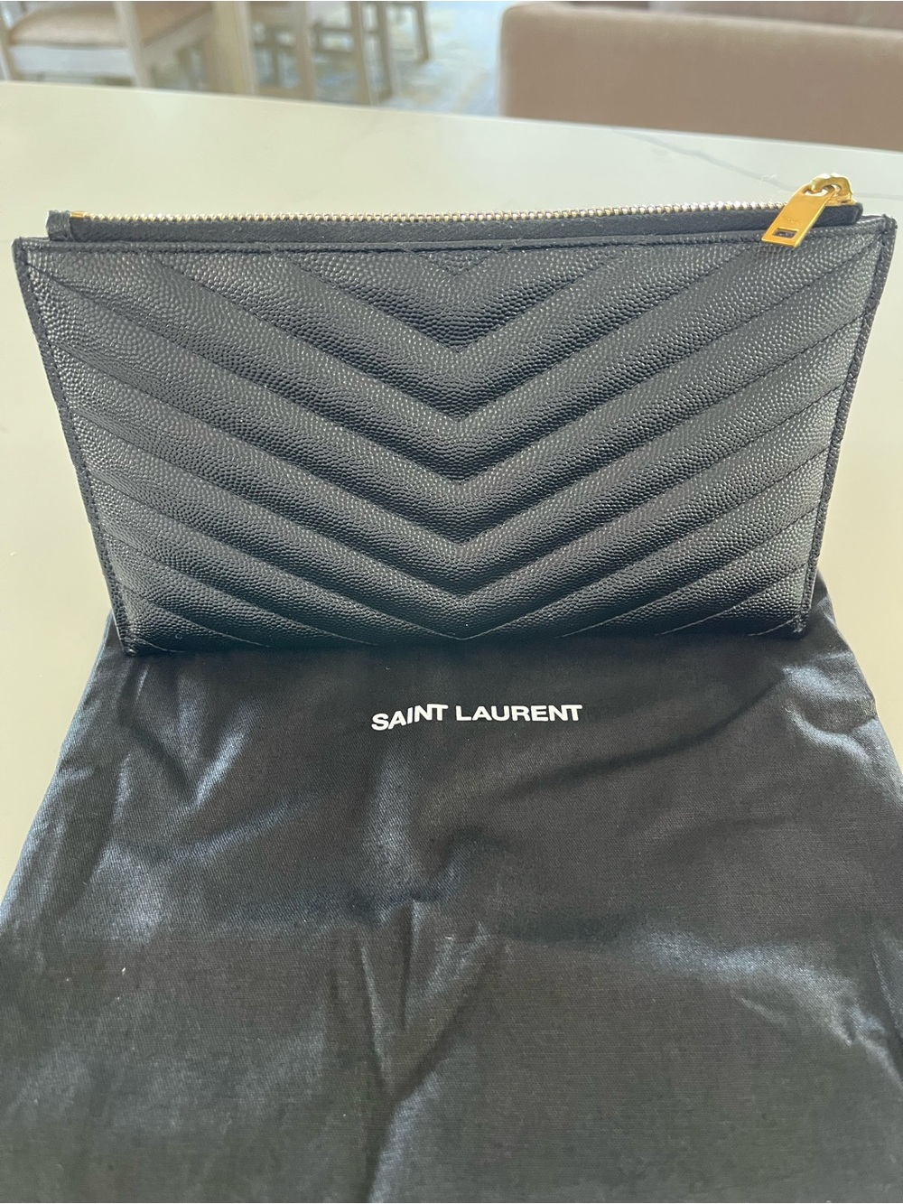Saint Laurent Cassandre Zip Pouch Clutch Black Grain De Poudre Leather Gold YSL - Picture 4 of 11